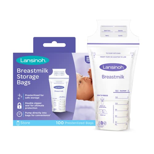 Lansinoh Breastmilk Storage Bags, 100 Count, 6 Ounce, Easy to Use Milk Storage Bags for Breastfeeding, Presterilized, Hygienically Doubled-Sealed, for Refrigeration and Freezing