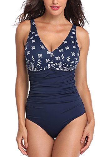 PERONA Women's Tummy Control Swimsuit One Piece Tankini Bathing Suit Vintage Printed Swimwear,V-neck Blue,US6(Read the size chart in our image)
