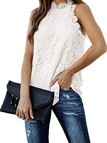 Women's Summer Tops Neck Clubwear Blouse Lace Crochet Tank Top Sleeveless Casual Basic Tee Shirts (Small, White)