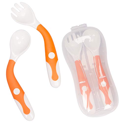 Baby Utensils Spoon Fork with Travel Safe Case Toddler Babies Children Feeding Training Spoon Easy Grip Heat-Resistant Bendable Soft Perfect Self Feeding Learning Spoons (1 Set Orange)
