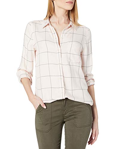 Amazon Brand - Daily Ritual Women's Soft Rayon Slub Twill Long-Sleeve Button-Front Tunic, Pinkhadow Windowpane,Small