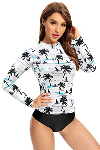 SHEKINI Women's Rash Guard Long Sleeve 2 Piece Swimsuit Sun Protection UV UPF 50+ Zipper Swimwear (Sailboat Coconut, Small)