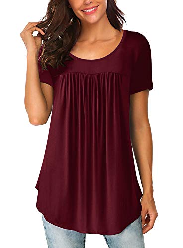 Yidarton Womens Scoop Neck Pleated Blouse Solid Color Tunic Tops Shirts,Wine Red,Large