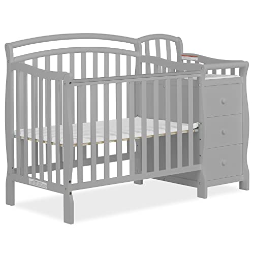 Dream On Me Casco 3-in-1 Mini Crib and Changing Table in Pebble Grey, Convertible Crib, Made of Pinewood, Three Position Adjustable Mattress Height Settings