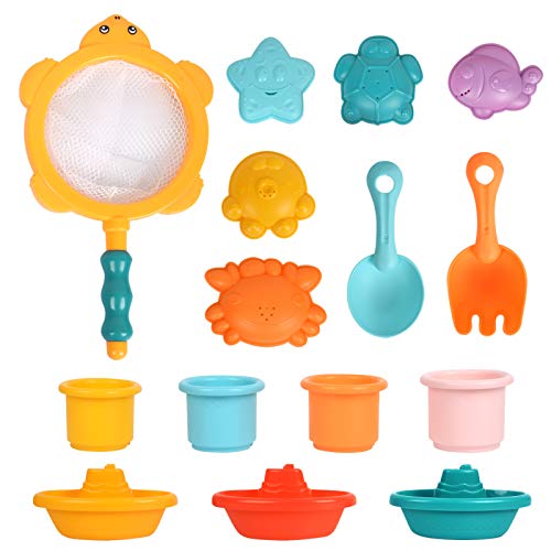 Think Wing 15Pcs Baby Bath Toys for Toddlers Pool Toys for 1 2 3 Years Old Kids Beach Toys for Baby Boys Girls Floating Boats Stacking Cups Bathroom Toys Set Gift for Kids …