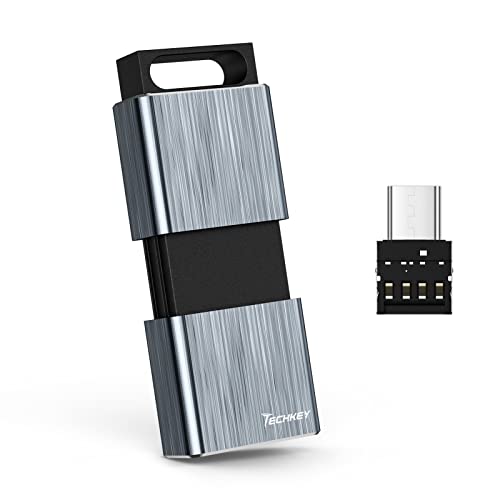 USB 3.0 Flash Drive 128GB, Techkey F90 Pen Drive High Speed Thumb Drive Capless Pendrive Retractable USB Memory Stick Shock Resistant Jump Drive Compact Size(Includes a Type-C Conversion Connector)