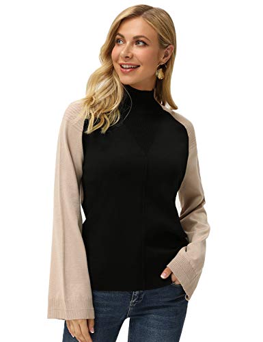GRACE KARIN Women's Color Block High Neck Sweaters Long Bell Sleeve Pullovers Black XXL