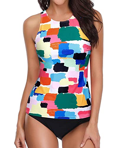 Holipick Women Color Block Tankini Swimsuits High Neck Swim Tank Tops Tummy Control Two Piece Bathing Suits Halter Swimwear XL