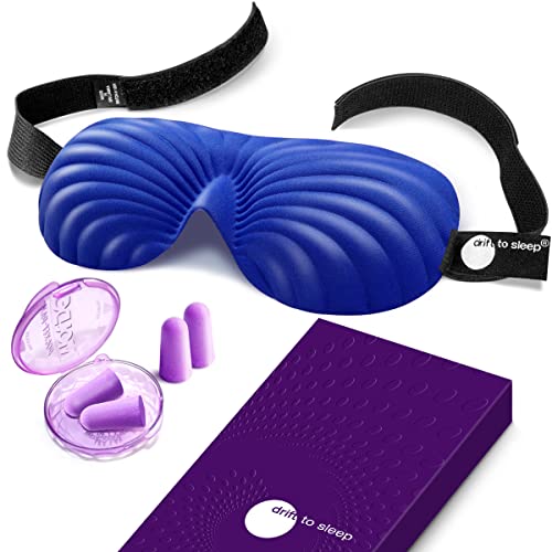 DRIFT TO SLEEP Travel and Sleep Eye Mask for Sleeping 3D Contoured Comfortable Super Soft Eye Mask Sleeping 2 Pairs earplugs Ajustable Strap Sleep Mask for Men Women