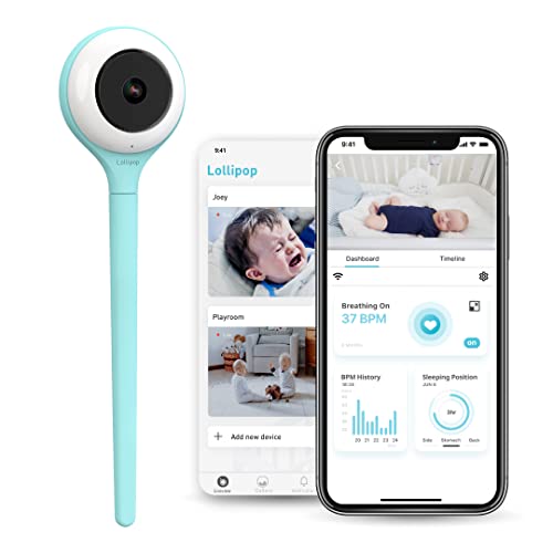 Lollipop Baby Monitor (Turquoise) - with Contactless Breathing Monitoring (No Extra Sensor Required, Subscription Service), Sleep Tracking and True Crying Detection, Smart AI WiFi Baby Camera