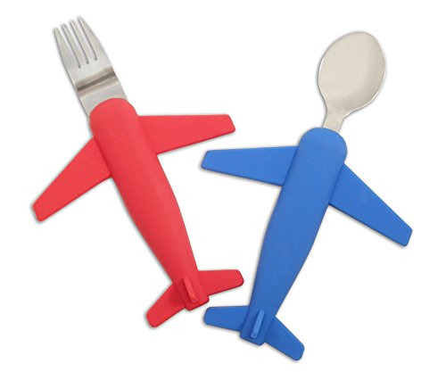 Kids' Airplane Fork & Spoon Set, Stainless Steel & Silicone