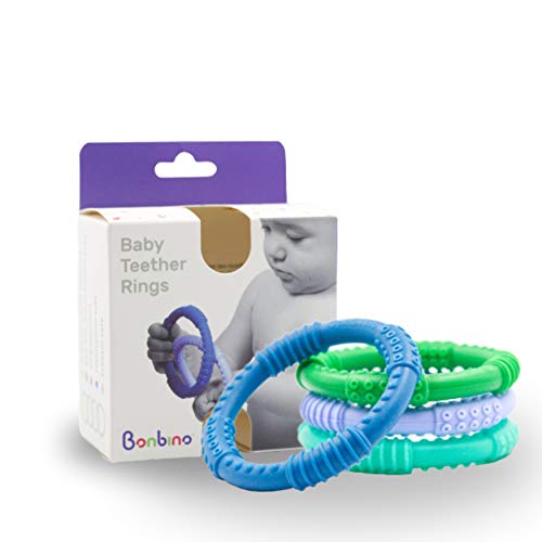 Bonbino™ Teether Rings - (4 Pack) Silicone Sensory Teething Rings - Soothes Baby Gum Pain! (Blues & Greens)