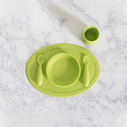 ezpz Tiny Collection Set (Lime) - 100% Silicone Cup, Spoon & Bowl with Built-in Placemat for First Foods + Baby Led Weaning + Purees - Designed by a Pediatric Feeding Specialist - 4 Months+