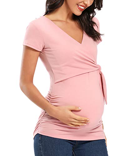 Glampunch Women’s Maternity Tops V Neck Cap Sleeve Tunic Tops Casual Pregnancy Blouse Shirts (XL, Dark Pink)