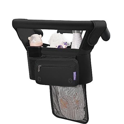RUVALINO Universal Stroller Organizer with Cup Holders Stroller Caddy with Detachable Bag, Tissue Pocket, Non-Slip Strap Accessories for Uppababy, Umbrella, Wagon, Baby Jogger, Bob, and Pet Stroller