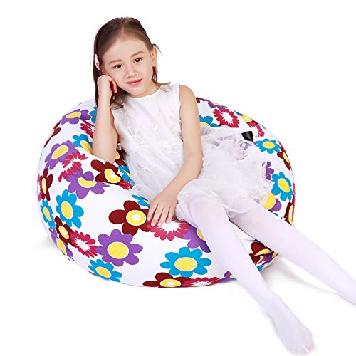 Stuffed Animal Storage Bean Bag Chair, Bean Bag Cover for Organizing Kid’s Room - Fits a Lot of Stuffed Animals, Large/Flowers White