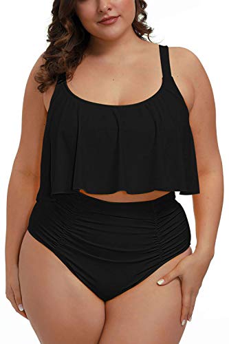 Pink Queen Women Plus Size Swimsuits Tummy Control Ruffle Two Piece High Waisted Swimwear Bathing Suit Black 2XL