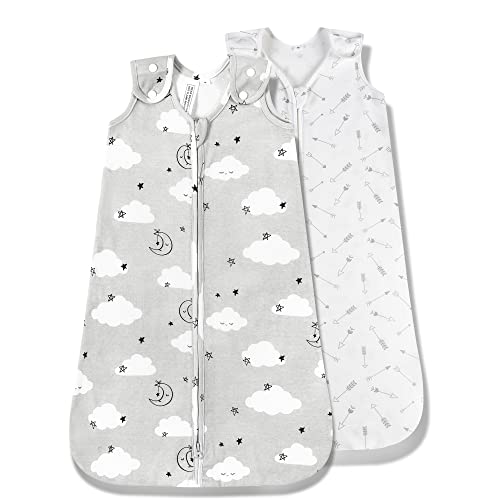 TILLYOU Cotton Sleep Sack 2 Pack - TOG 1 Baby Wearable Blanket with 2-Way Zipper, Extra Soft Sleeveless Sleeping Bag for Infants, 18-24 Months, Grey Cloud & Gray Arrow