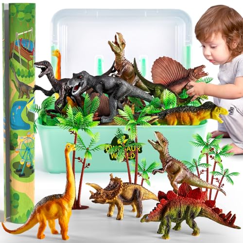 TEMI Dinosaur Toys for Kids 3-5, Realistic Jurassic Dinosaurs Figures with Play Mat & Trees to Create a Dino World Includes T-rex, Triceratops, Velociraptor, Gift for Toddler Boys & Girls 2 3 4 5 6 7