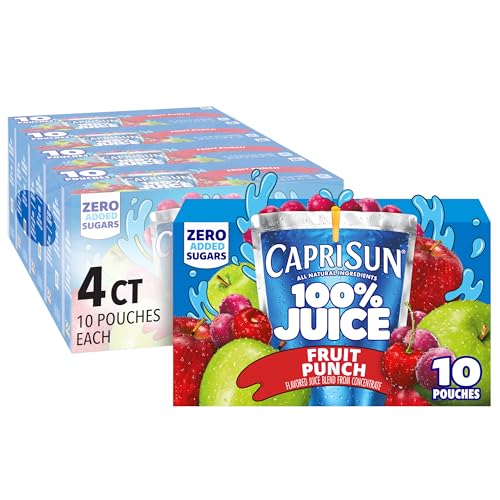Capri Sun 100% Juice Fruit Punch Naturally Flavored Kids Juice Blend (40 ct Pack, 4 Boxes of 10 Pouches)