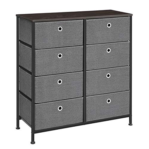 SONGMICS Dresser, Storage Unit with 8 Easy Pull Fabric Drawers, Dresser Drawer, Organizer Unit with Metal Frame, Wooden Tabletop, for Closet, Nursery, Dark Walnut and Gray ULTS24G