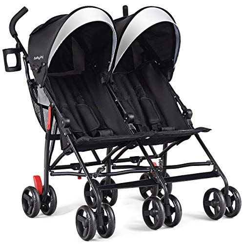 BABY JOY Double Light-Weight Stroller, Travel Foldable Design, Twin Umbrella Stroller with 5-Point Harness, Cup Holder, Sun Canopy for Baby, Toddlers (Black)