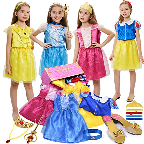 Latocos 17 Pcs Girls Princess Dress Up Trunk Role Play Cosplay Set with Princess Shoes Crown Accessories Princess Costume for Kids Age 3-6 Years