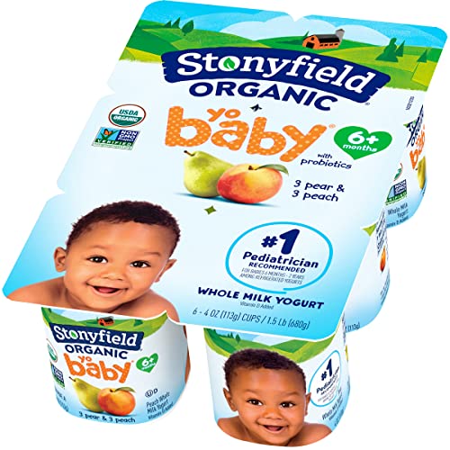 Stonyfield Organic YoBaby Stage 1 Baby Yogurt Cups, Pear & Peach, 6 Ct - For Babies 6 Months & Older, Whole Milk Yogurt with Probiotics, 4 oz. Each, 6 count (pack of 1)