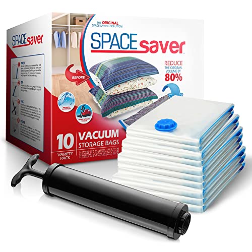 Spacesaver Vacuum Storage Bags (Variety 10-Pack) Save 80% on Clothes Storage Space - Vacuum Sealer Bags for Comforters, Blankets, Bedding, Clothing - Compression Seal for Closet Storage. Pump for Trav