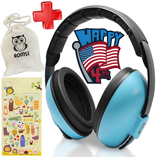 Noise Cancelling Baby Ear Protection Baby Earmuffs ~ Protect Infants and Kids Hearing with Safe, Sound Proof Baby Ear Muffs ~ Comfort Fit + Bonus Travel Bag and Stickers by ROMS Baby (Blue)