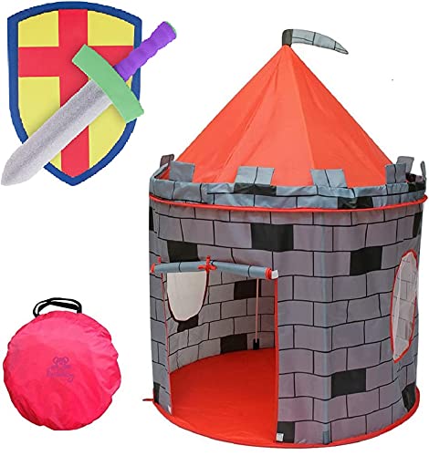 Kiddey Knight's Castle Kids Play Tent -Indoor & Outdoor Children's Playhouse - Durable & Portable with Free Carrying Bag – “Bonus” Shield and Sword Set - Makes for Boys & Girls