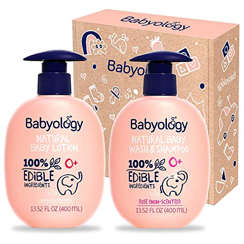 Babyology - 100% Edible Ingredients - All Natural Baby Wash and Shampoo Rose + Organic Baby Lotion SET - 13,5 FL OZ Good for Sensitive Skin or Eczema - Non Toxic - Fragrance Free (Set of 2)