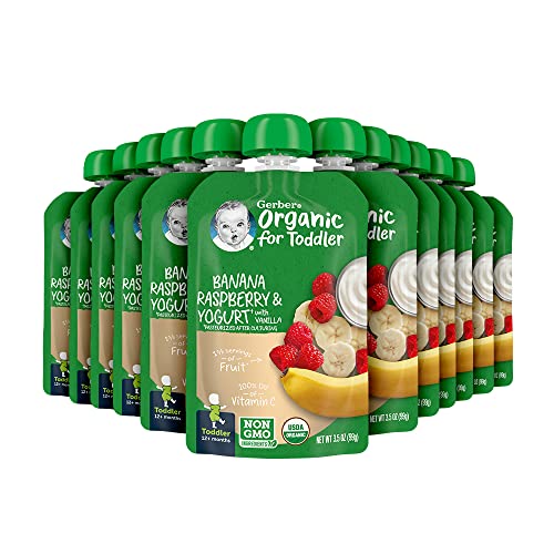 Gerber Organic Baby Food Pouches, Toddler, Banana Raspberry Yogurt Vanilla, 3.5 Ounce (Pack of 12)