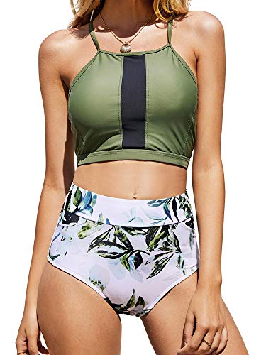 Tutorutor Womens High Waisted Swimsuits Halter Bikini Set Summer Two Piece Criss Cross Midkini Leaf Print Beach Swimwear