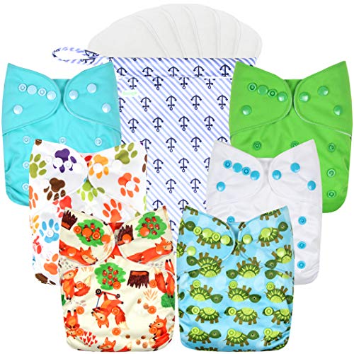 Wegreeco Washable Reusable Baby Cloth Pocket Diapers 6 Pack + 6 Bamboo Inserts (with 1 Wet Bag,Neutral Prints)