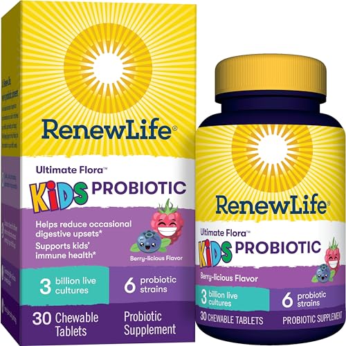 Renew Life Kids Chewable Probiotic Tablets, Daily Supplement Supports Digestive and Immune Health, Berry-licious Flavor, Dairy, Soy and gluten-free, 3 Billion CFU, 30 Count