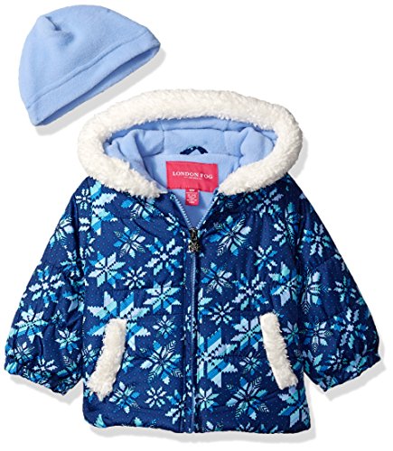 London Fog Baby Girls Puffer Jacket with Scarf, fair isle Navy, 12MO