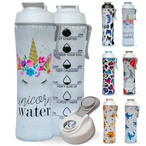 Kids Water Bottle with Times to Drink | 24oz BPA-Free Reusable Water Bottles with Time Marker | Clear Tritan Plastic Great for School | Leakproof Cap & Carry Loop | Made in USA | Unicorn Water Bottle