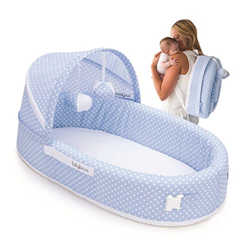 Lulyboo Baby Lounger To Go - Foldable Travel Bassinet - With Canopy, Toy-Bar And Plush Toys (Blue)