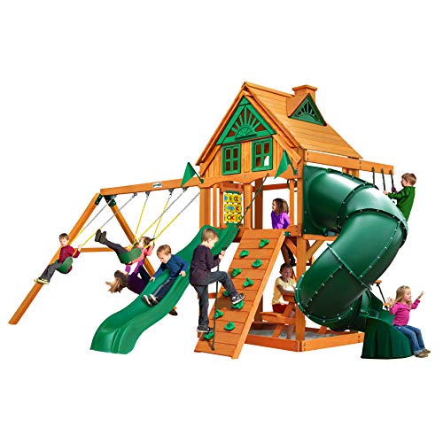 Gorilla Playsets 01-0053-AP Mountaineer Treehouse Wood Swing Set with Wood Roof, Tube Slide, and Rock Wall, Amber