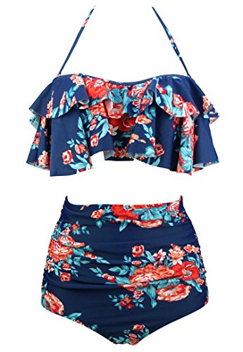 COCOSHIP Red Pink & Navy Blue Antigua Floral Retro Boho Flounce Falbala High Waist Bikini Set Chic Swimsuit Bathing Suit XXXL(FBA)