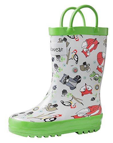OAKI Kids Rubber Rain Boots with Easy-On Handles, Timber Critters, 12 Little Kid