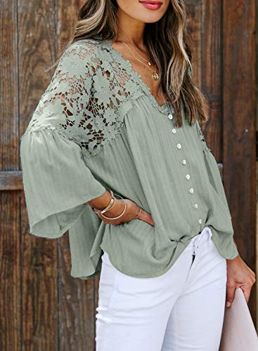 Asvivid Womens Lace Crochet V Neck Shirt Fashion 2021 Boho Bell Sleeve Tops Solid Button Down Flowy Blouses M Green