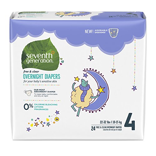 Seventh Generation Free & Clear Overnight Baby Diapers, 22-32 lbs, Stage 4, 24 Count (Pack of 4)