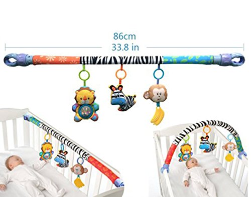 VX-star Baby Travel Play Arch Stroller/Crib Accessory,Cloth Animmal Toy and Pram Activity Bar with Rattle/Squeak/Teethers(Stripe)