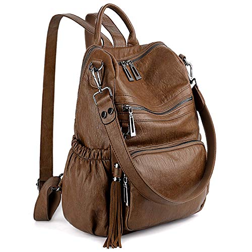 UTO Women Backpack Purse Leather Vegan Ladies Fashion Designer Rucksack Convertible Travel Shoulder Bag with Tassel Brown