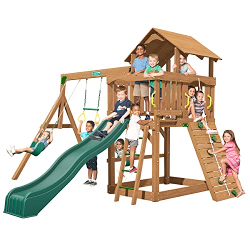 Creative Playthings Eastport Wooden Swing Set (Made in The USA) for Ages 2 to 8 Years, Includes Kids Climbing Wall, Playground Swings and Slide, 15 x 12 x 10 ft