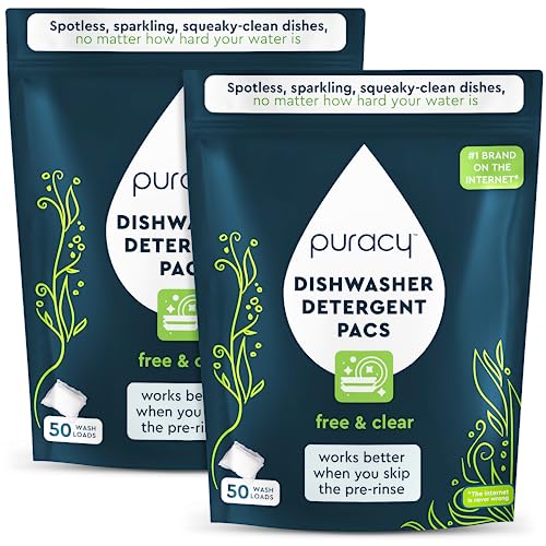 Puracy Dishwasher Pods Detergent 50 Count (2 Pack), Natural Dishwasher Detergent, Free & Clear Dish Tabs, Tiktok Trend Items, Enzyme-Powered, Spot & Residue-Free, Must Haves from Tiktok Made Me Buy It