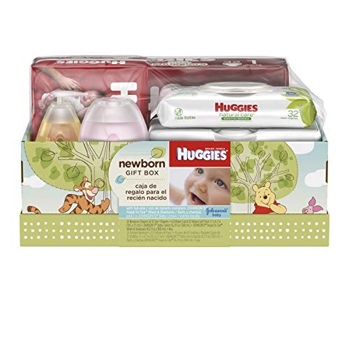 Huggies Newborn Gift Box - Little Snugglers Diapers (Size Newborn 24 Ct & Size 1 32 Ct), Natural Care Unscented Baby Wipes (96 Ct Total), and Johnson's Shampoo & Baby Lotion (Packaging May Vary)