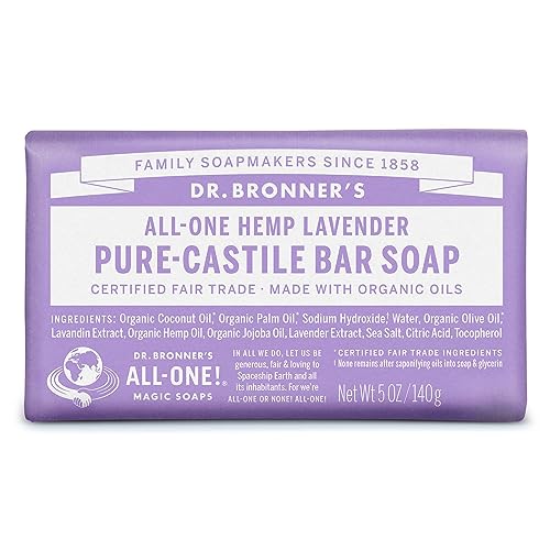 Dr. Bronnerâ€™s - Pure-Castile Bar Soap (Lavender) - Made with Organic Oils, For Face, Body and Hair, Gentle and Moisturizing, Biodegradable, Vegan, Cruelty-free, Non-GMO, 5 Ounce (Pack of 1)